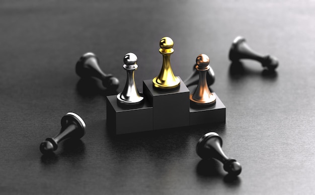 3D illustration of a podium with golden, silver ans bronze pawns over black background. Concept of contest or competition winners.