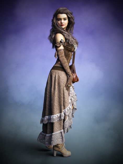 3d illustration Portrait of a beautiful steampunk girl Victorian woman in alternative history Grunge background