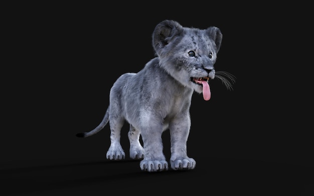 3d Illustration Portrait of White Little Lion Cub Isolated on Dark Background