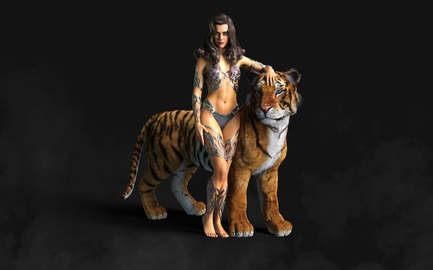 3d Illustration Project of Lady and The Bengal Tigers Poses on Black Background with Clipping Path.