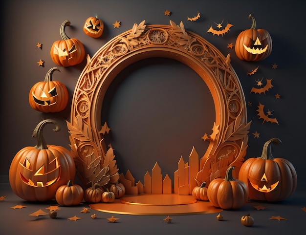 A 3d illustration of a pumpkins frame with bats and pumpkins.