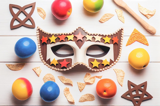 3D illustration of Purim celebration concept with Jewish carnival holiday over wooden white background View from the top flat lay