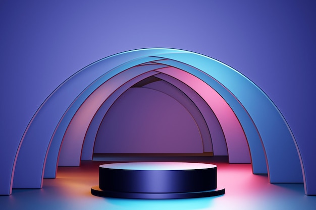 3d illustration of a purple circle podium stand on the background of a geometric composition. 3d rendering. Minimalism geometry background