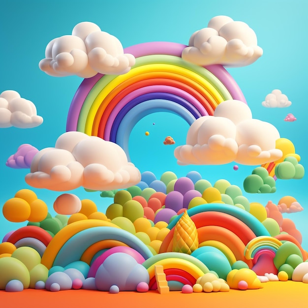 3d illustration rainbow and clouds on sky background in the style of jeremiah ketner minimalist