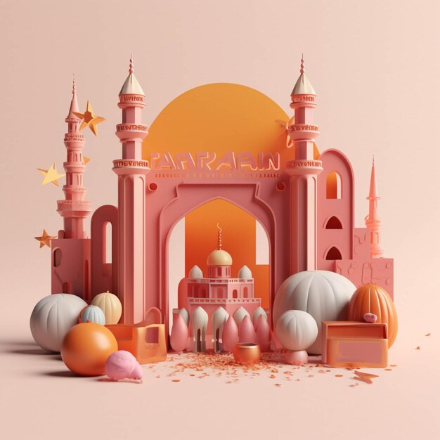 3d illustration of Ramadan Kareem background with mosque and golden decor