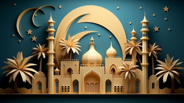 3d illustration of Ramadan Kareem background with mosque in paper cut style generated ai