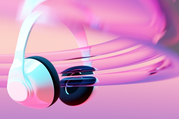 3d illustration realistic  white wireless headphones isolated on white  background under pink and blue neon light.