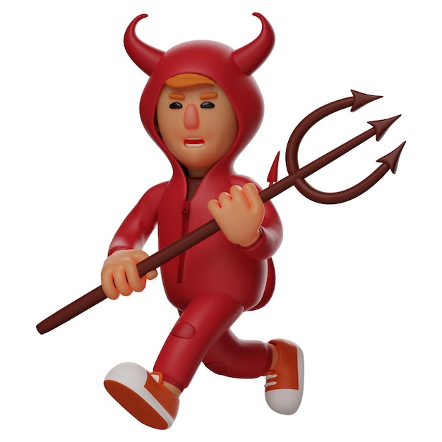 3D illustration Red Devil Smiley Face 3D cartoon character with walking pose holding a trident in