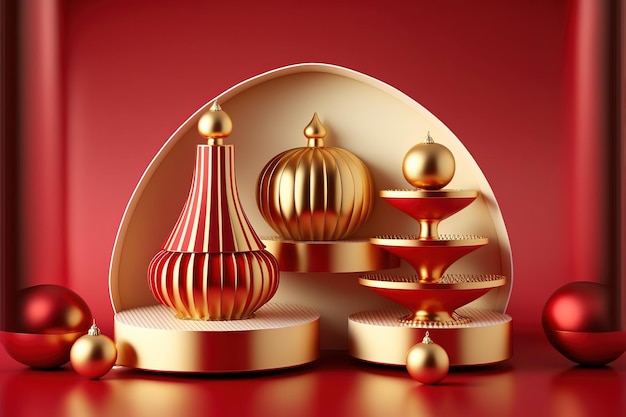 3D illustration of red and golden theme product display podium with Christmas festive decoration