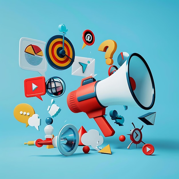 3D Illustration of a Red Megaphone with Social Media Icons on a Blue Background