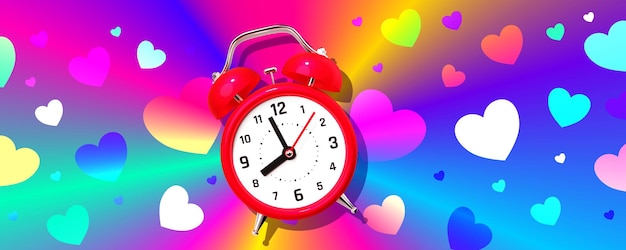 3d illustration of red retro alarm clock with colorful heart pattern on neon rainbow color background