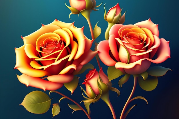 3d illustration of red and yellow rose flowers over dark blue background