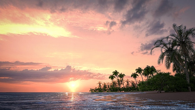 3D illustration Render beautiful view of beach on sunset island