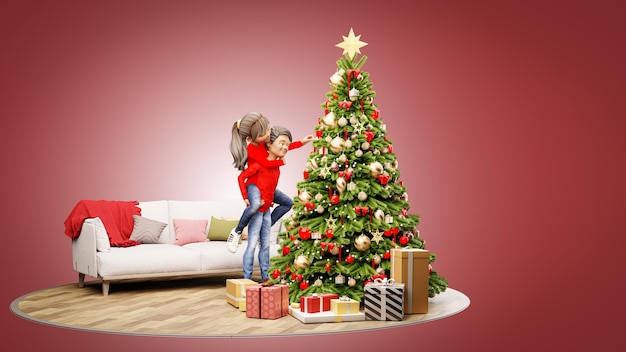 3D illustration render Cartoon characret young couple celebrating christmas and happy new year