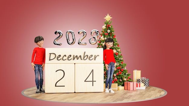 3D illustration render Cartoon characret young couple celebrating christmas and happy new year