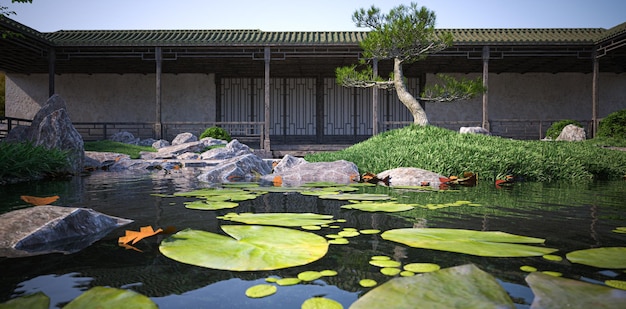 3D illustration rendering Beautiful calm scene in spring Japanese garden