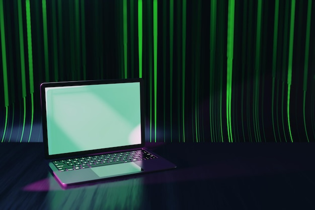 3D illustration rendering Black Laptop computer blank screen in green light effect