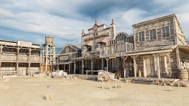 3D illustration rendering of an empty street in an old wild west town with wooden buildings