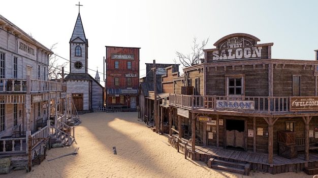 3D illustration rendering of an empty street in an old wild west town with wooden buildings