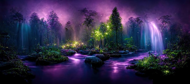 3D illustration rendering of forest image illuminated at night by bioluminescence