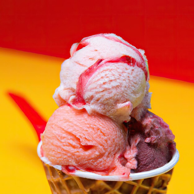 3d illustration rendering of ice creams of different colors and flavors decorated on colorful background Selective focus