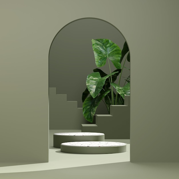 3D illustration rendering image of empty space mockup podium green nature themed for product display