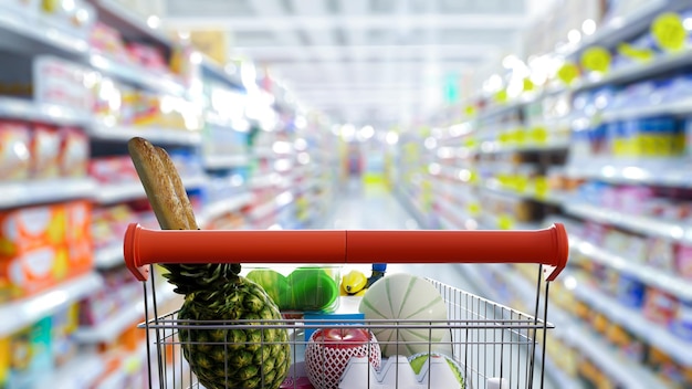 3D illustration Rendering Supermarket aisle with empty green shopping cart