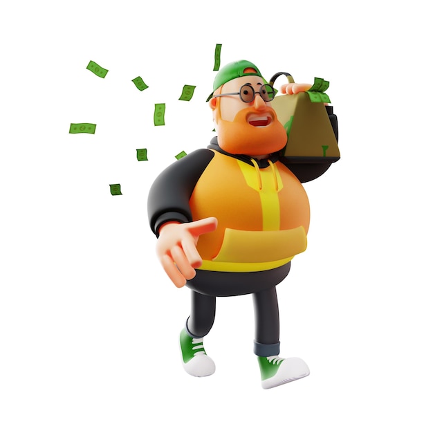 3D illustration Rich Fat Man 3D character with bag full of money walking with bag on his shoulder