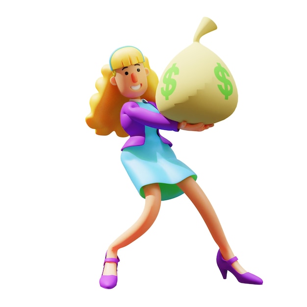 3D illustration Rich rich Beautiful Woman 3D character illustration with sack of money walking