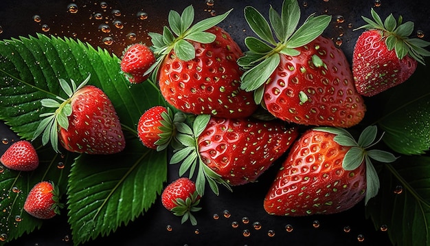 3d illustration ripe of strawberries with leaf in dark background