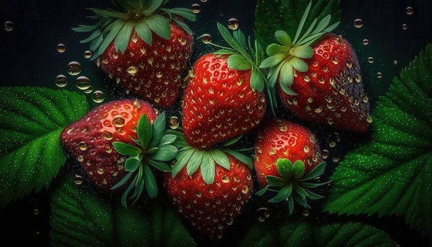 3d illustration ripe of strawberries with leaf in dark background