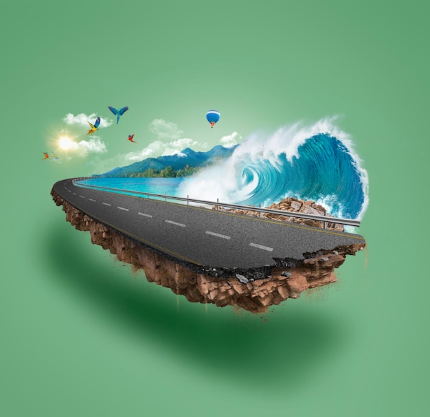 3d illustration of road advertisement. tropical beach road isolated. Travel and vacation background.