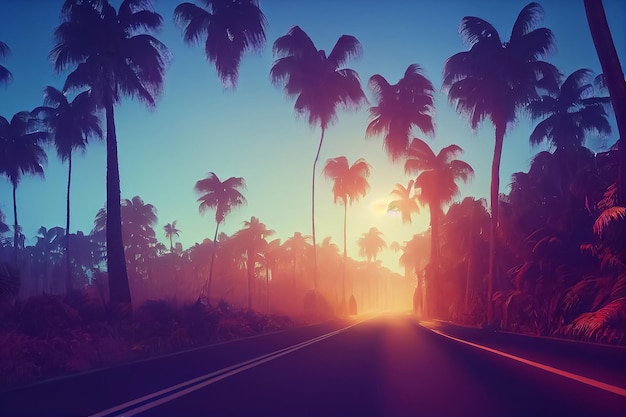 3d illustration of road with palm trees around and sunset