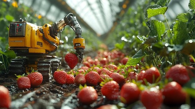 3D Illustration of a Robot Picking Strawberries in a Greenhouse