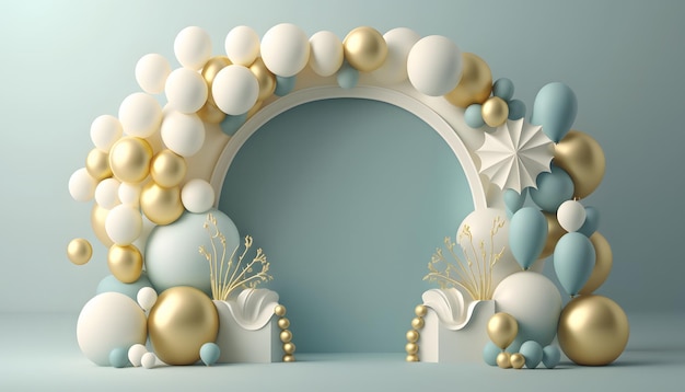 A 3d illustration of a round arch with a gold and blue ball and a flower.