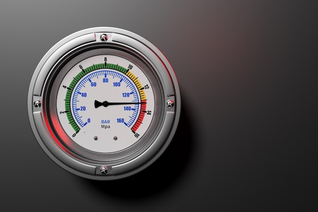 3d illustration of a round barometer with markings up to 160 on a black isolated background