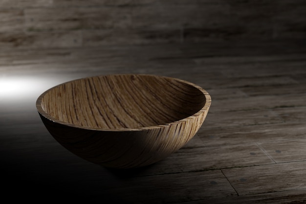 3d illustration of a round empty wooden bowl on a dark background