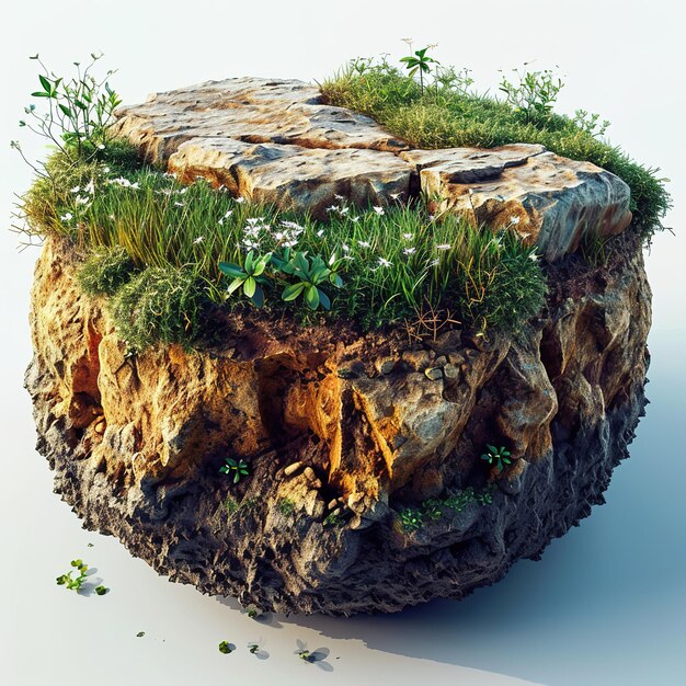 3D Illustration round soil ground cross section with earth land and green grass realistic 3D render