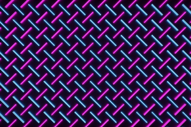 3d illustration of rows of pink and blue stripes flanking cells Set of mesh on dark background Square pattern Technology geometry background