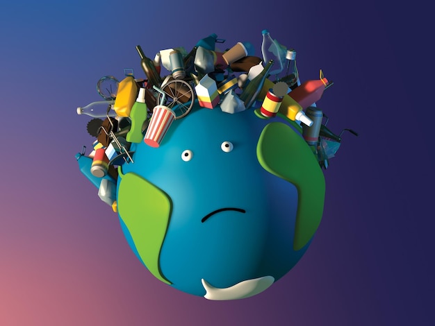 3d illustration Sad planet Earth flies in space with garbage on his head in the form of a hairstyle