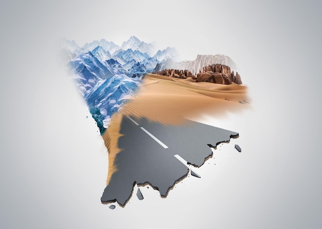 3d illustration of Safari and travel. Sahara desert at sunrise, mountain and snow landscape.