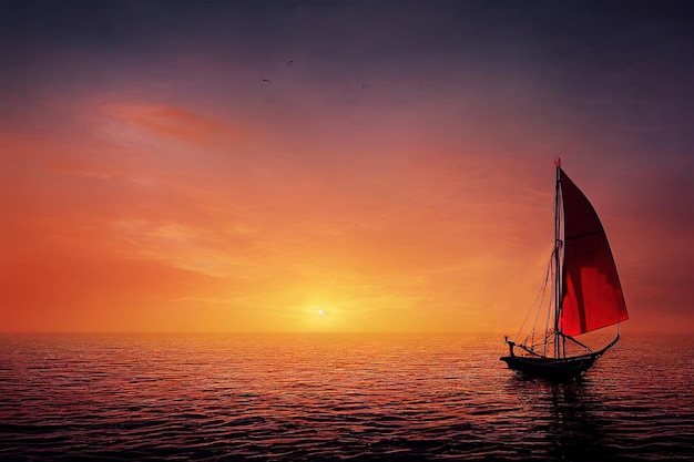 3d illustration of Sailboat in the Mediterranean Sea at sunset