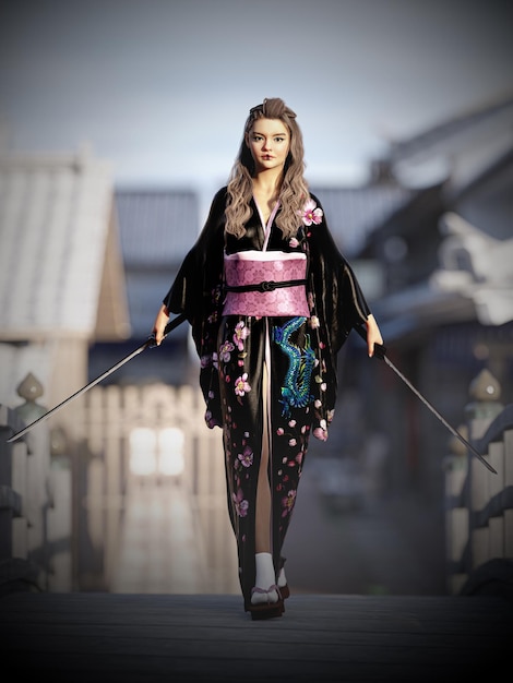 3d illustration samurai in kimono holding katana sword and looking away