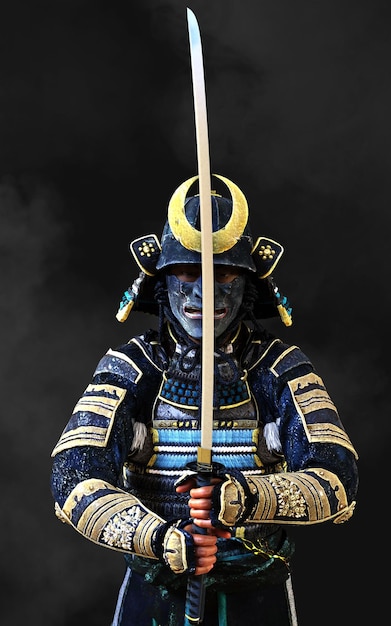 3d Illustration of a samurai wearing blue and green armor holding a katana sword in each hand