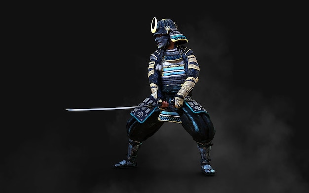 3d Illustration of a samurai wearing blue and green armor holding a katana sword in each hand