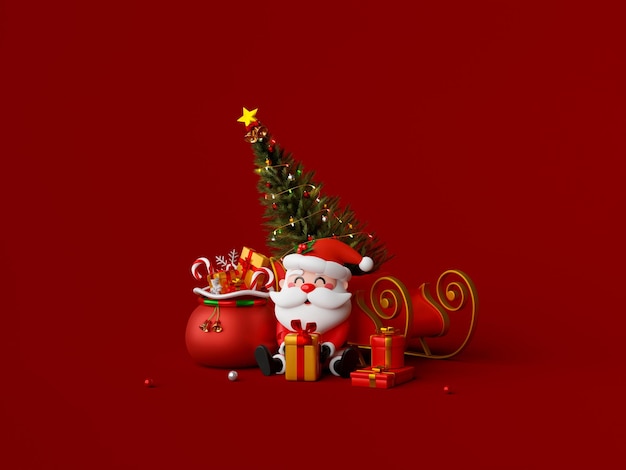 3d illustration of Santa Claus with sleigh and gift bag on red background