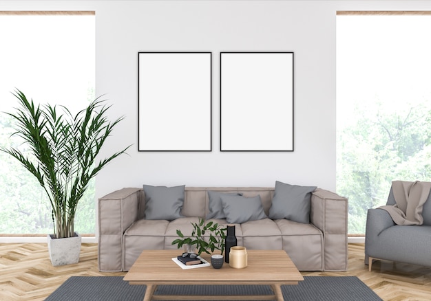 3D illustration of scandinavian living room with empty vertical frames, artwork display