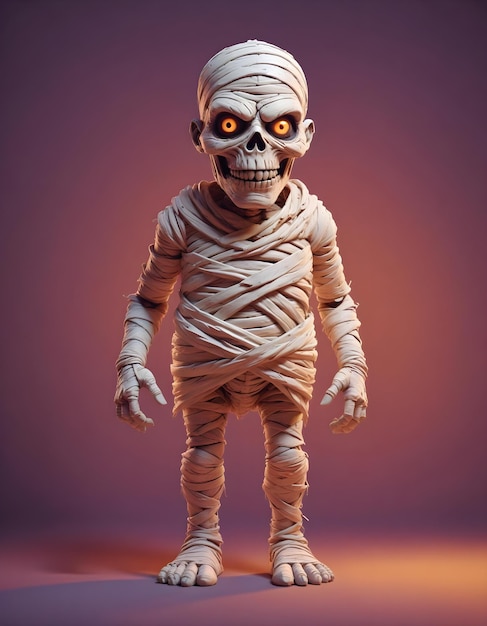 3d illustration of a scary mummy with a skull face and orange eyes