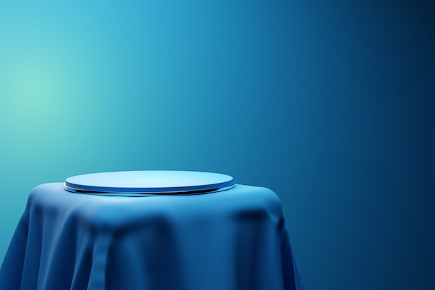 3d illustration of a scene from a circle on a pedestal under a blue  cloth on a monocrome background. Close-up of a white round monochrome plinth.