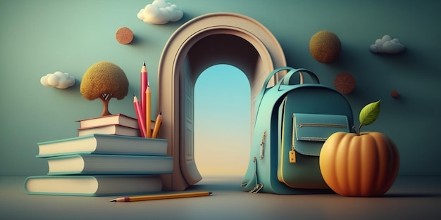 A 3d illustration of a school backpack and a pile of books